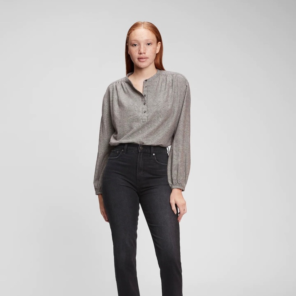GAP Shirred Henley Hounds Tooth Top